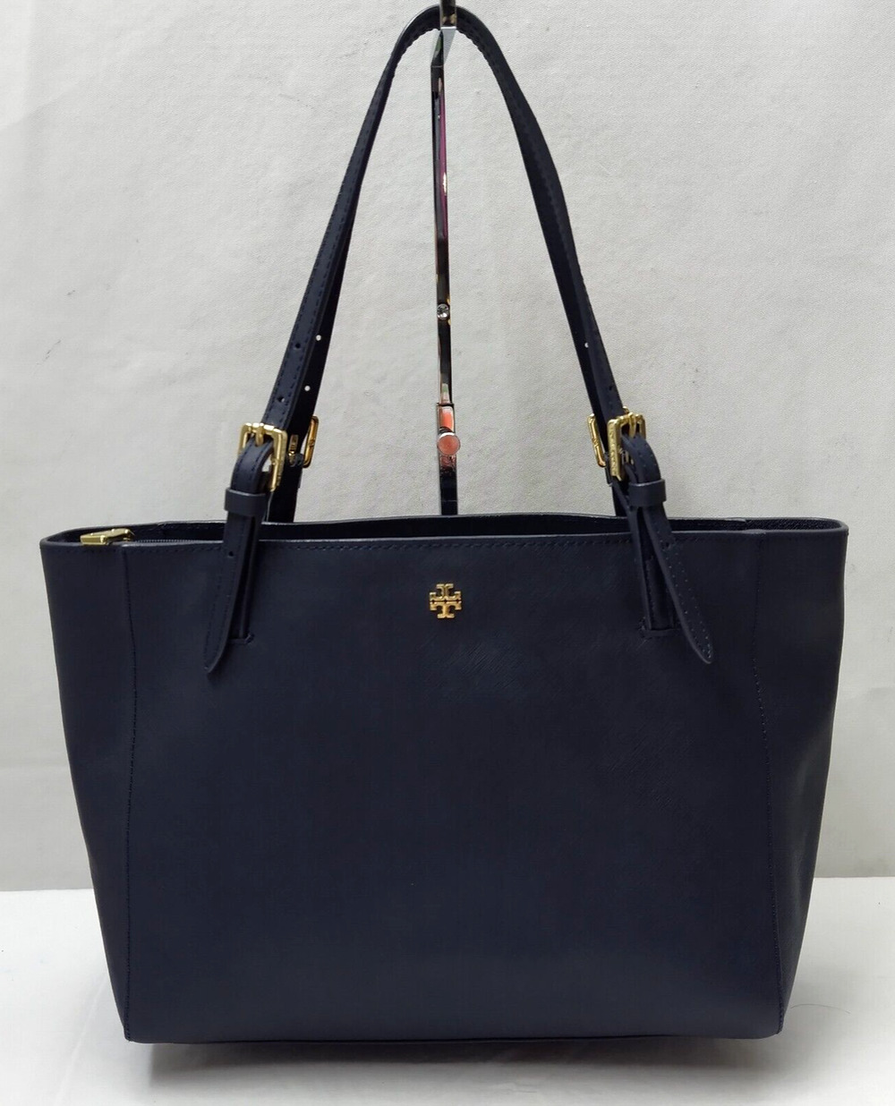 Tory Burch Emerson Dark Blue Leather Double Handles Tote Bag